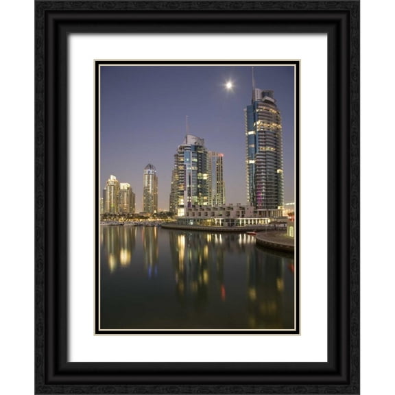Young, Bill 25x32 Black Ornate Wood Framed with Double Matting Museum Art Print Titled - UAE, Dubai, Marina Towers reflect on marina