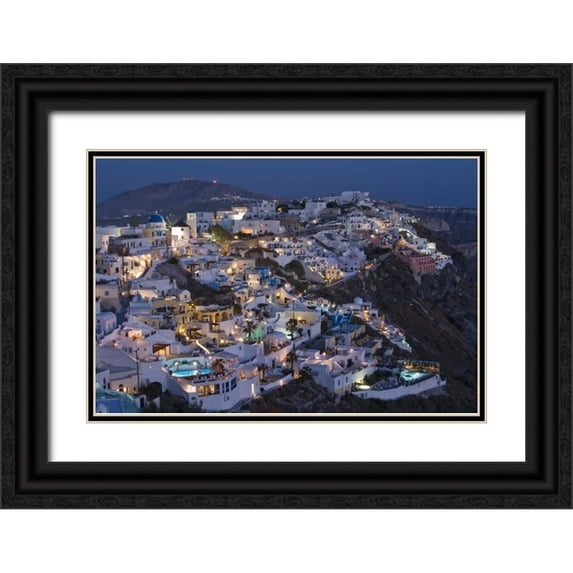 Young, Bill 32x23 Black Ornate Wood Framed with Double Matting Museum Art Print Titled - Greece, Firostefani Cliffside villas with lights