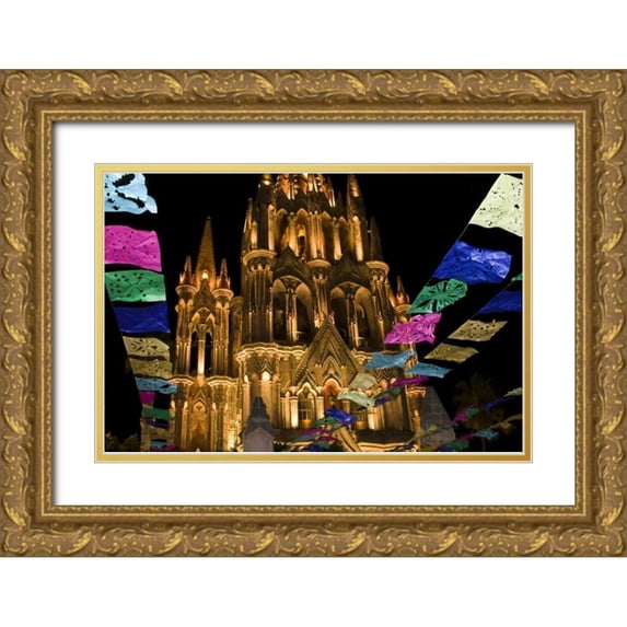 Young, Bill 32x23 Gold Ornate Wood Framed with Double Matting Museum Art Print Titled - Mexico Festival banners in front of a church