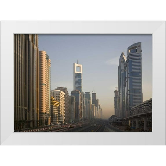 Young, Bill 32x24 White Modern Wood Framed Museum Art Print Titled - UAE, Dubai Towers along Sheik Zayed Road