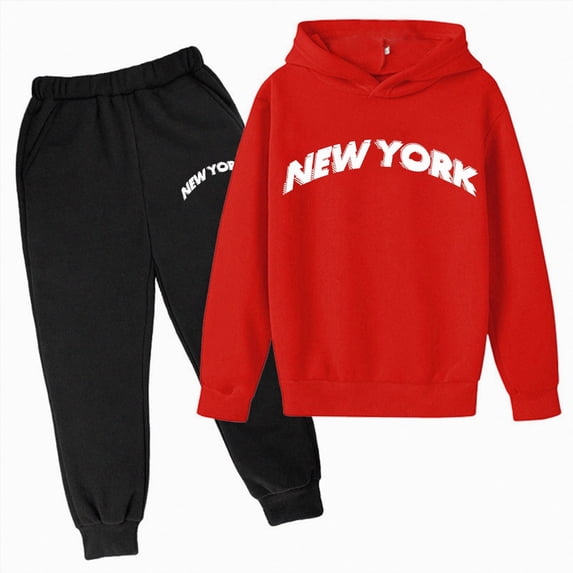 Young Boys Clothes Long Sleeve Hooded Pullover Solid Color Sweatshirt With Pockets + Pants 2pcs Fall Winter Outfit Set for 3-14 Years Boy,Red,4-5 Years