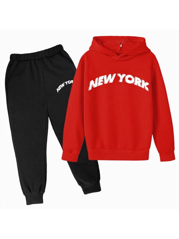 Young Boys Clothes Long Sleeve Hooded Pullover Solid Color Sweatshirt With Pockets + Pants 2pcs Fall Winter Outfit Set for 3-14 Years Boy,Red,7-8 Years