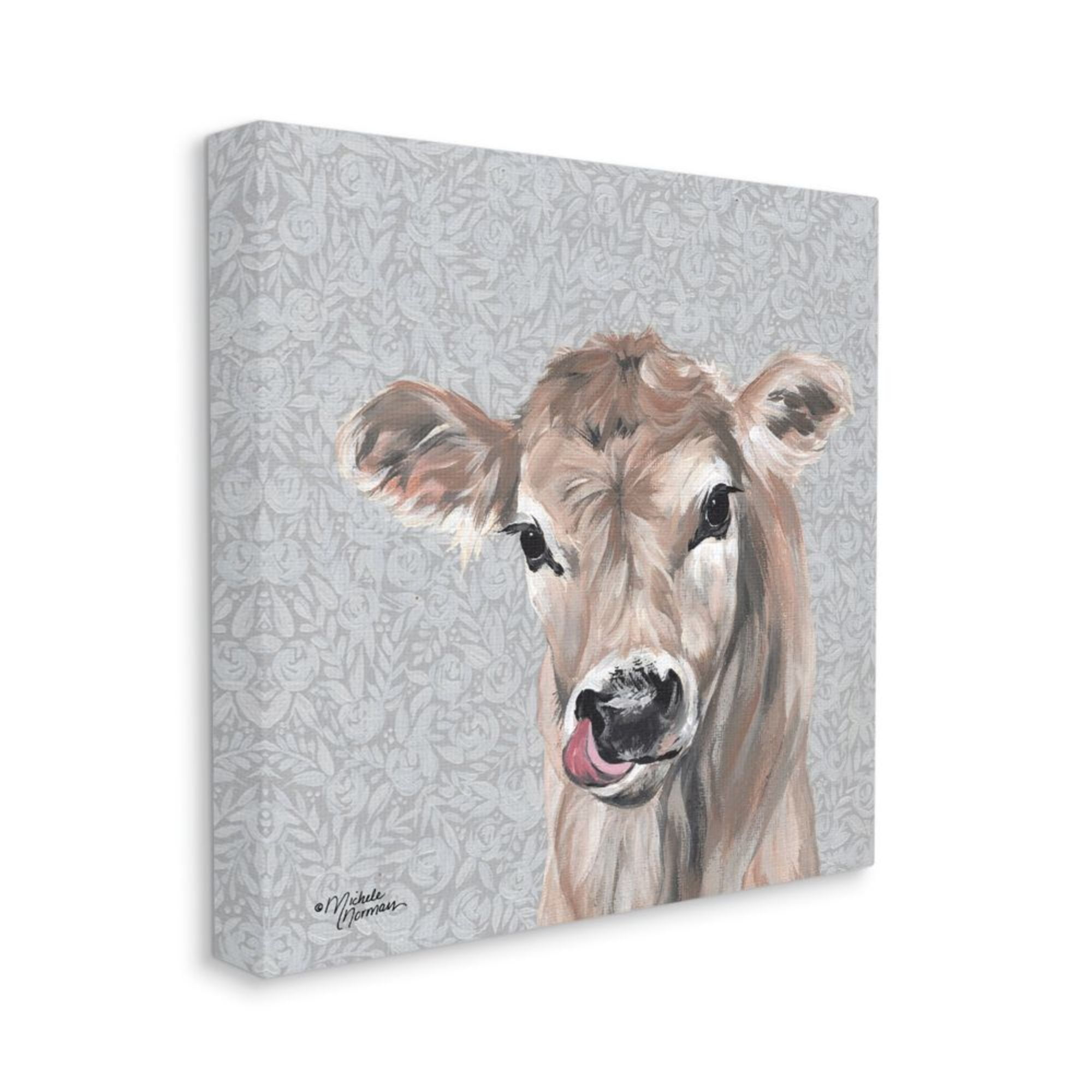 Young Calf Portrait Floral Pattern Farm Animal Animals & Insects Gallery-Wrapped Canvas Print Wall Art, 17x17