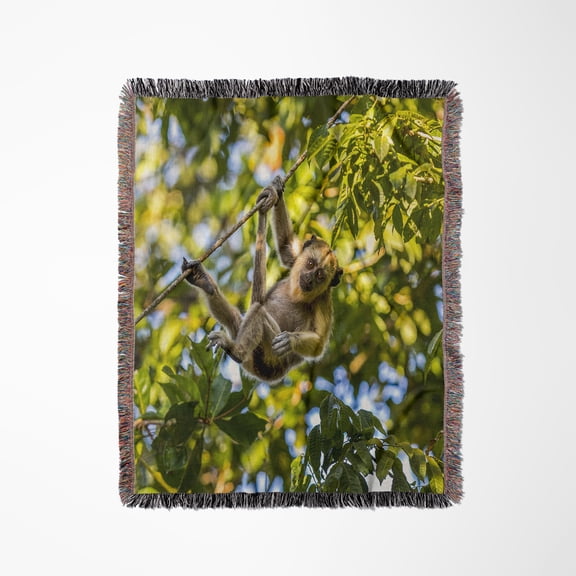 Young Capuchin Monkey Hangs With His Prehensile Tail In The Pantanal, Woven Blanket