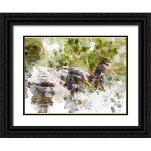 Young, Chamira 32x25 Black Ornate Wood Framed with Double Matting Museum Art Print Titled - Ducks in Float II