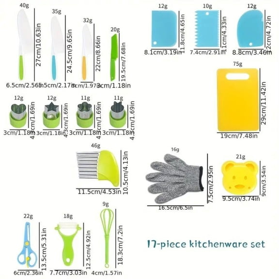 Young Chefs Starter Kit 12 Piece Child Safe Real Cooking Set with Nylon Safety Knives for Kids 4 8
