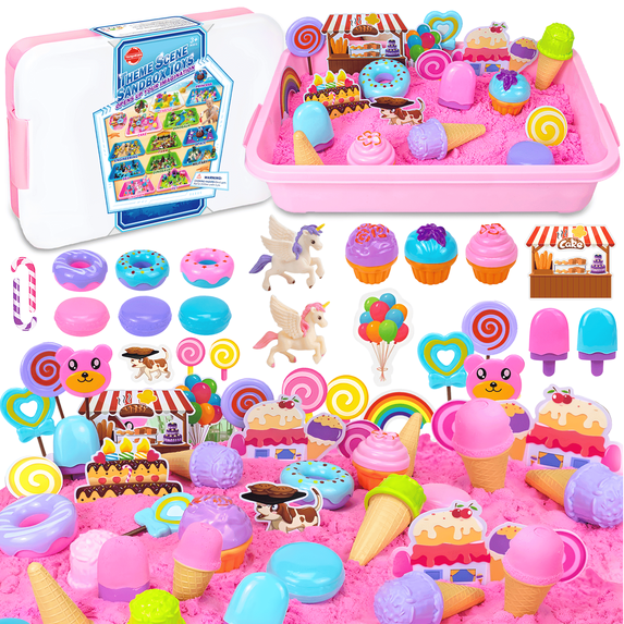 Play Sand Kit, Toy Choi's Ice Cream Sensory Bin Toy, Pink Play Sand Bins Kit, Sandbox with Lid, Ice Cream Maker and Molds for Kids Ages 3+