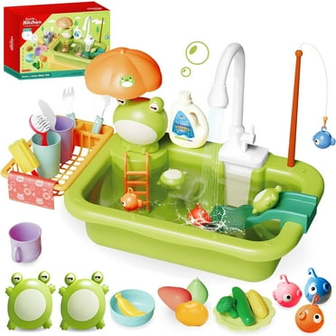 Kids Kitchen Sink Playset with Running Water, Toy Choi's Water Toys with Automatic Water Cycle System, Kids Pretend Play Dishwasher Play Set for Boys Girls 3  , Green