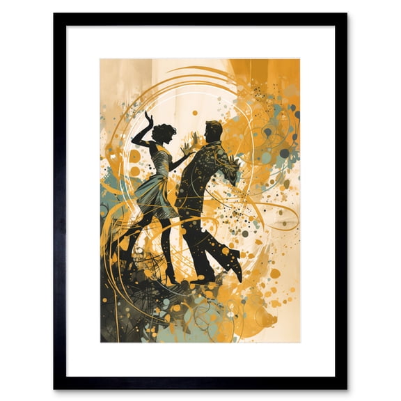 Young Couple Dancing to Swing Music at a Club Modern Watercolour Painting Artwork Framed Wall Art Print 9X7 Inch