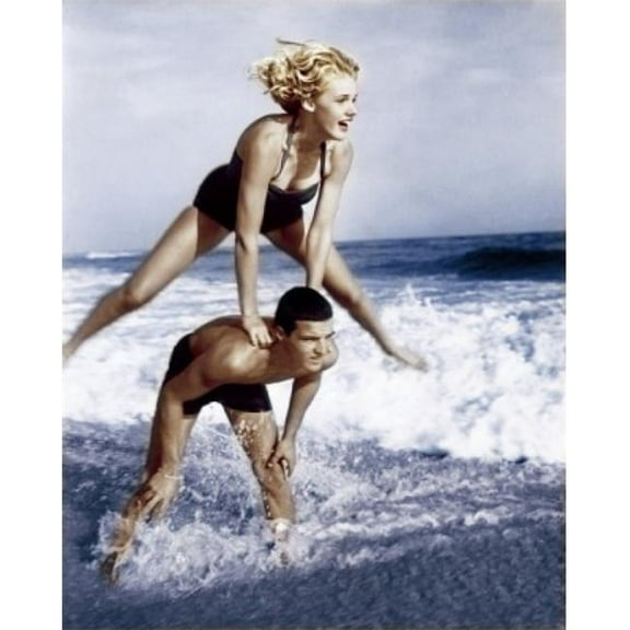 Young Couple Playing Leapfrog in Surf Poster Print - 18 x 24 in.