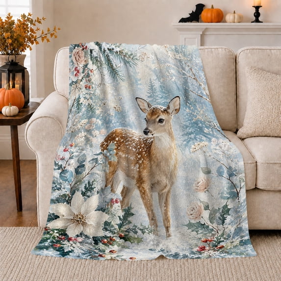 Young Deer in Snowy Floral Forest with Winter Roses, Serene Cottagecore Wildlife Style for Deer Lovers, Soft Flannel Blanket for Nursery and Bedroom, Mother's Day Gift, Home Decor
