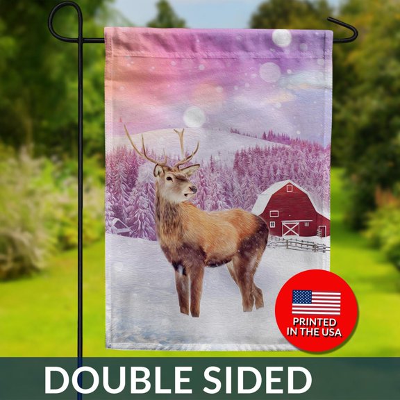 Young Elk Winter Double Sided Flag Mountain Barn Snow Wildlife Scene 1