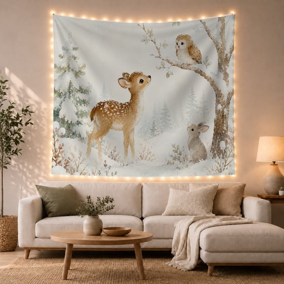 Young Fawn in Snowy Forest with Bird, Serene Watercolor Style for Nature Lovers, Woodland Wall Decor Housewarming Gift, Tapestry Wall Hanging for Bedroom and Nursery