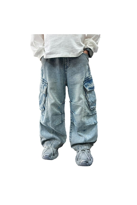 Youngster's Loose Fit Straight Leg Jeans with Multiple Pockets, Casual Denim Pants for Everyday Use