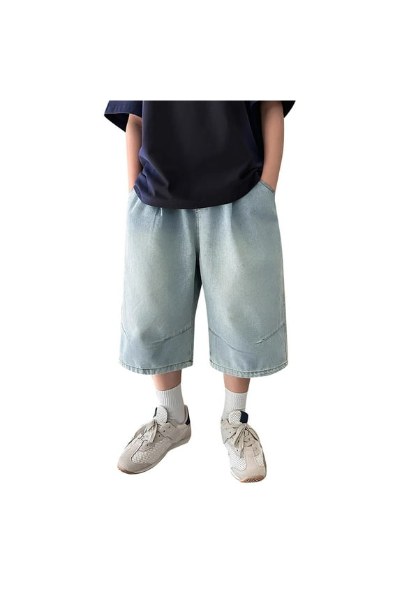 Young Gentleman's Relaxed Fit Denim Shorts with Pockets, Casual Straight Leg Jeans for Summer, Breathable and Comfortable