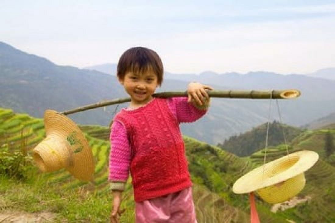 Young Girl Carrying Shoulder Pole with Straw Hats China Canvas Art - Keren Su DanitaDelimont (24 x 15)