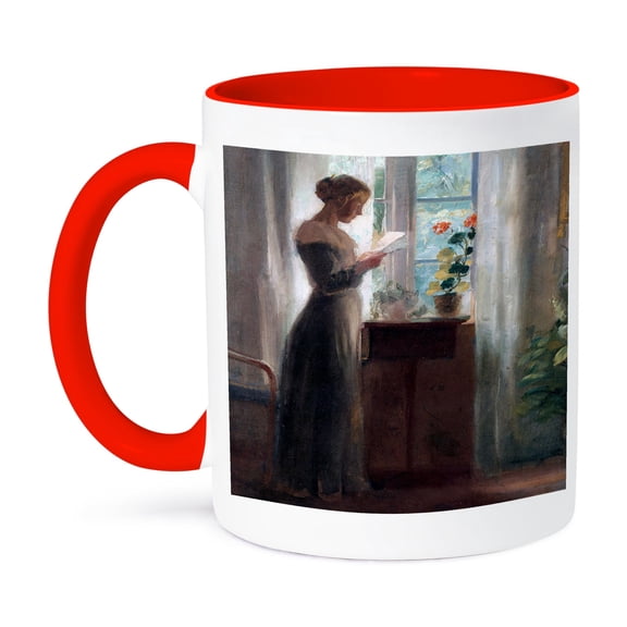3dRose, Young Girl Reading a Letter, 1902 by Anna Ancher, 11oz Two-Tone Red Mug