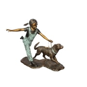 Nifao 40" Young Girl and Her Dog Playing Bronze Garden Statue, Weatherproof
