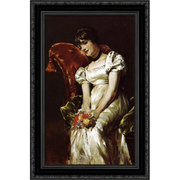 Young Girl with Flowers 17x24 Black Ornate Wood Framed Canvas Art by Chase, William Merritt
