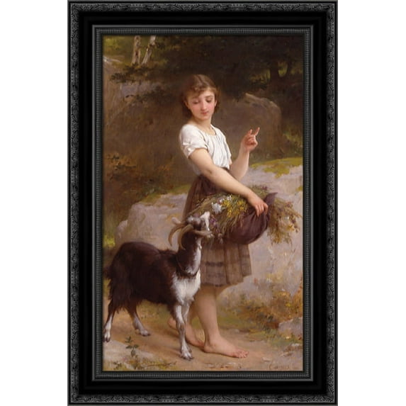 Young Girl with Goat & Flowers 17x24 Black Ornate Wood Framed Canvas Art by Munier, Emile