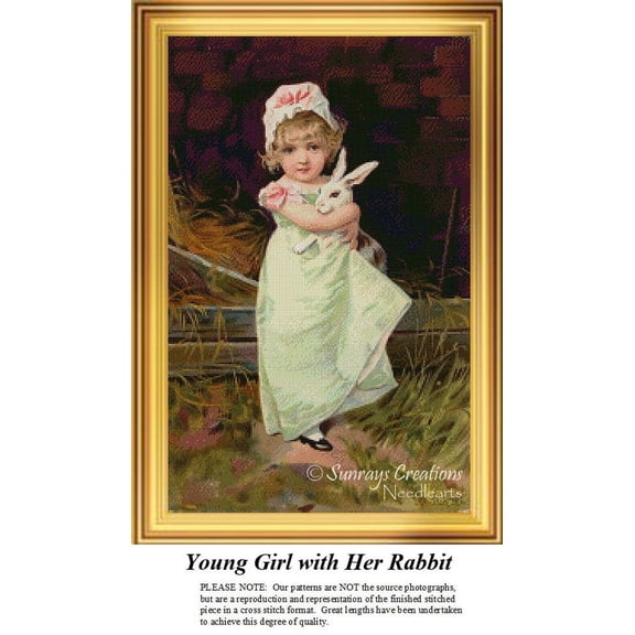 Young Girl with Her Rabbit, Cross Stitch Pattern (Pattern Only, You Provide the Floss and Fabric)