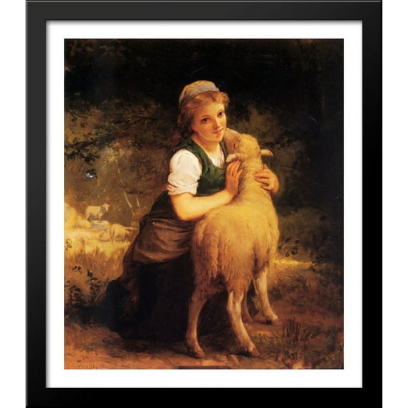 Young Girl with Lamb 28x32 Large Black Wood Framed Print Art by Emile Munier
