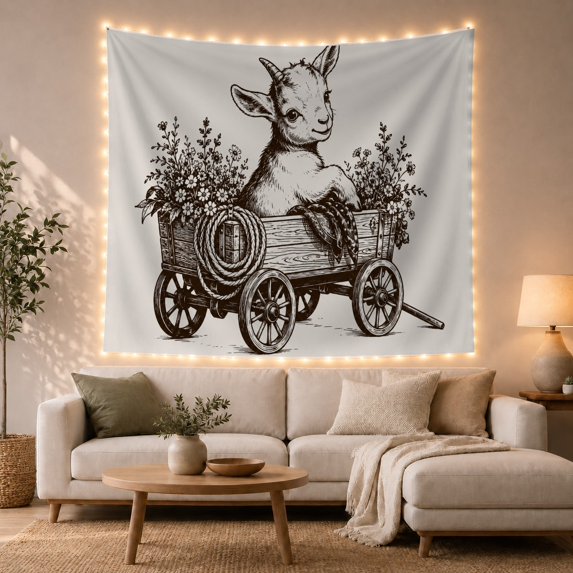 Young Goat in Flower-Filled Wooden Cart, Whimsical Folk Art for Animal Lovers, Farm Nursery Decor, Housewarming Gift, Tapestry Wall Hanging for Bedroom and Living Room