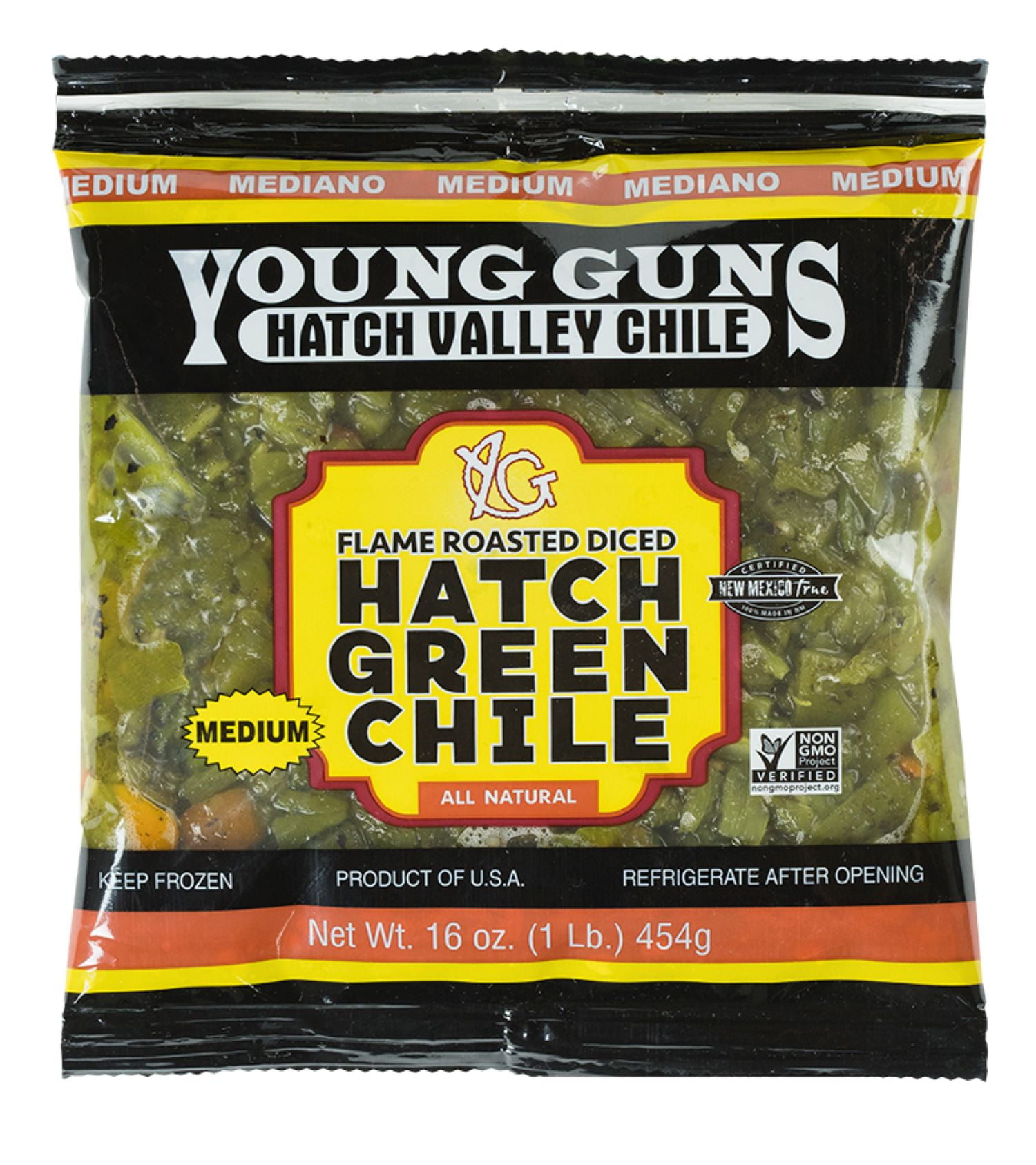 Young Guns Diced Green Hatch Chile, Medium Heat, Frozen 16oz Bag 