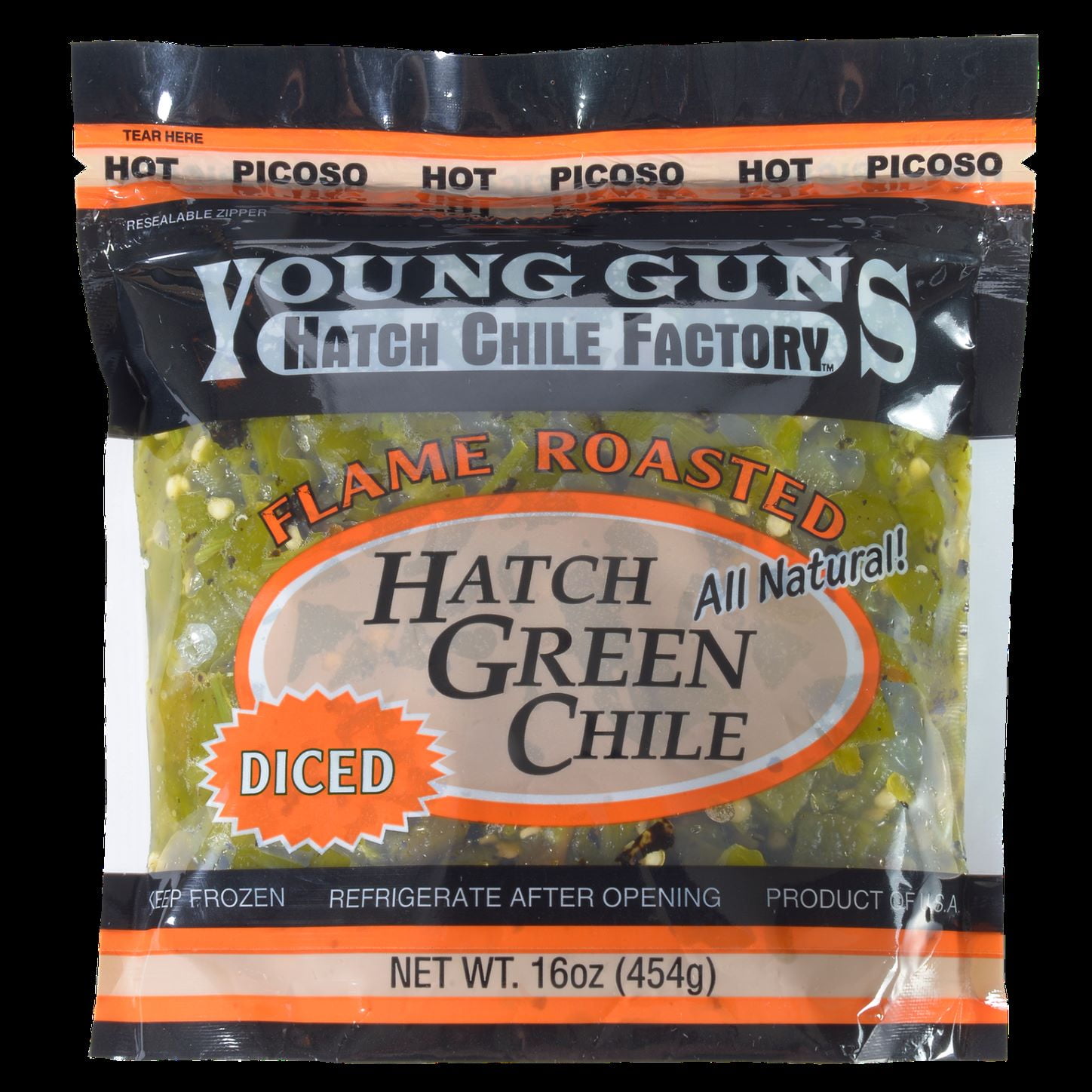 Young Guns Flame Roasted Hatch Green Chile Hot Frozen Diced 8 1lbs