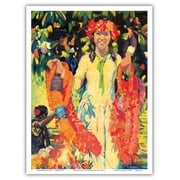 Young Hawaiian Flower Girl With Leis - From an Original Color Painting by John Melville Kelly c.1940s - Master Art Print (Unframed) 9in x 12in
