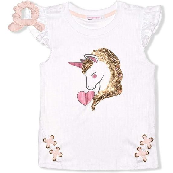 Young Hearts Girl's Sequin Tee Shirt with Hair Scrunchie