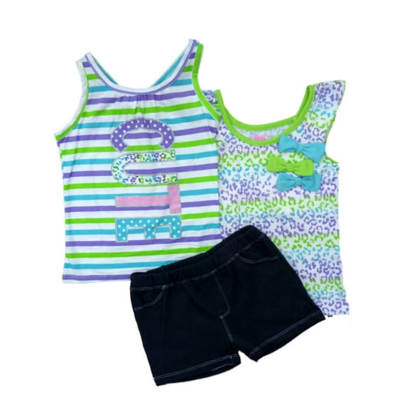 Young Hearts Girls 3 PC Outfit Leopard Print Shirt Cute Tank Top Blue Shorts 5