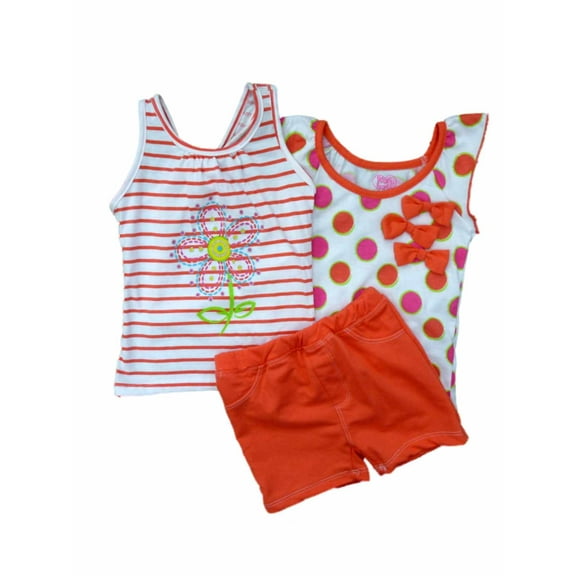 Young Hearts Girls 3 PC Outfit Polka Dot Shirt Flower Tank Top & Orange Shorts 4