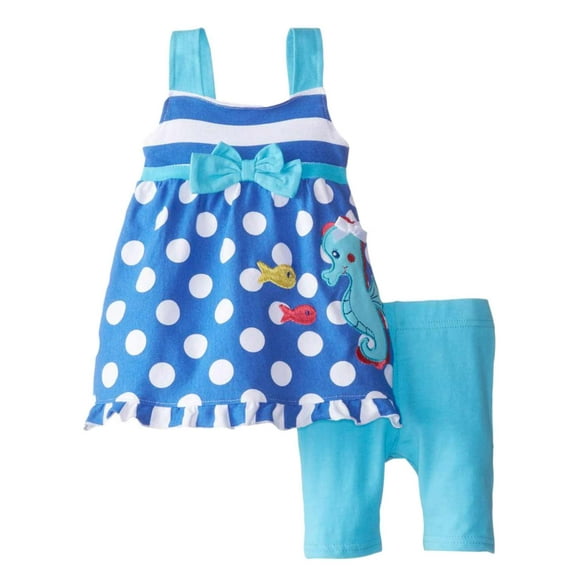 Young Hearts Girls Seahorse Outfit Blue & White Dot Top & Shorts 2 Piece Set 4