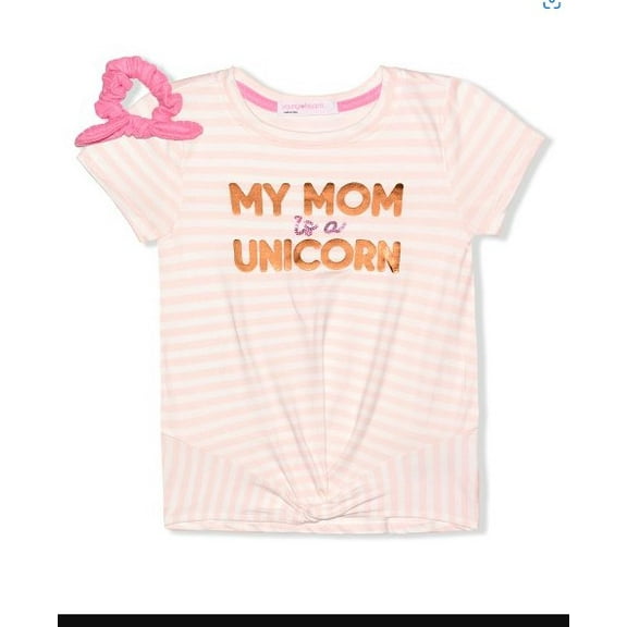 Young Hearts Girls' Tee Shirts PINK - Pink Stripe 'My Mom Is a Unicorn' Twist-Front Tee & Scrunchie Size 12