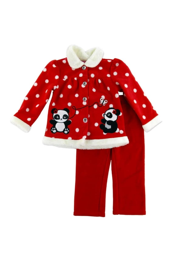 Infant Girls Red Dot Panda Faux Fur Jacket Pants Fleece Set NB