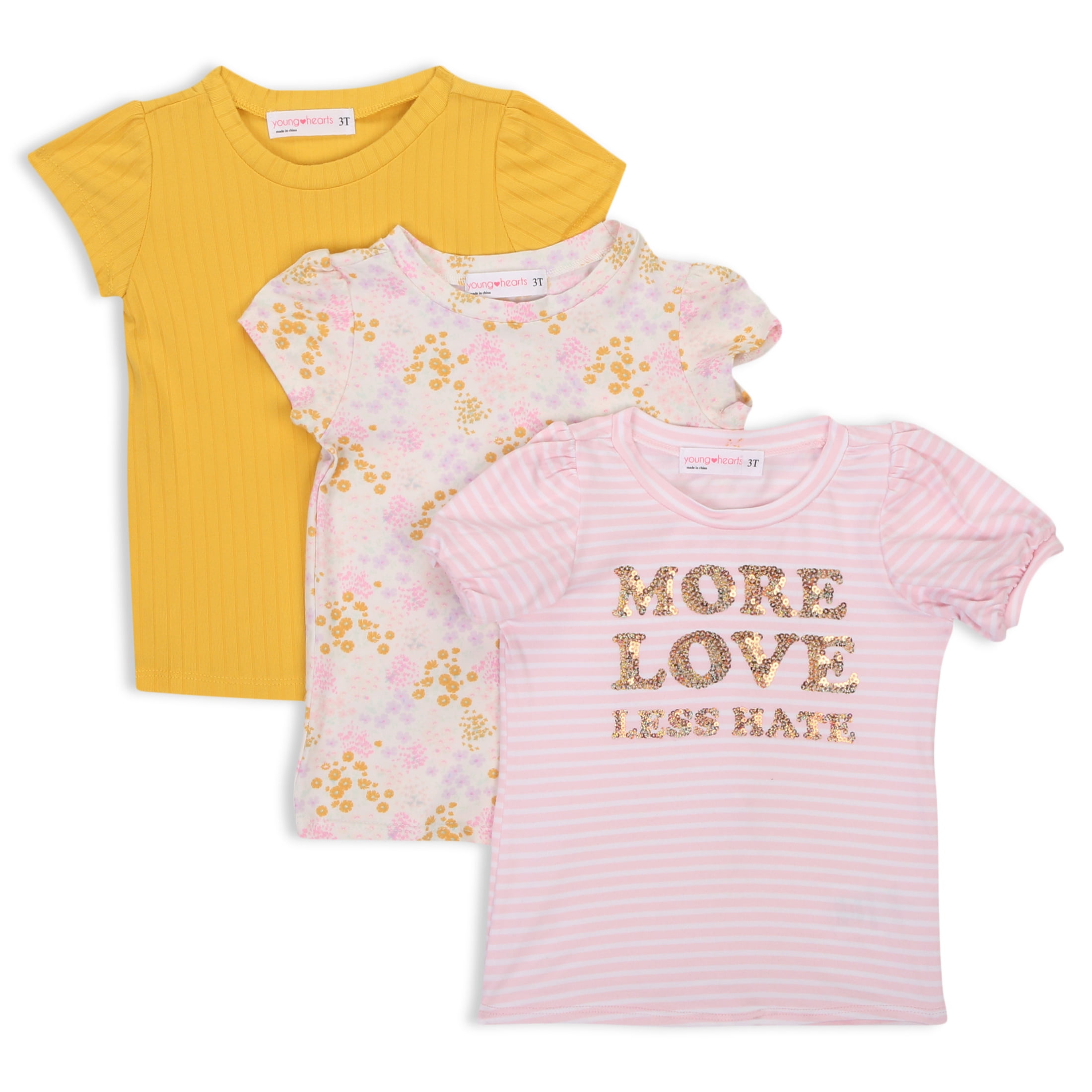 Young Hearts Toddler Girl 3Pk Short Sleeve Tees, Size 2T-4T