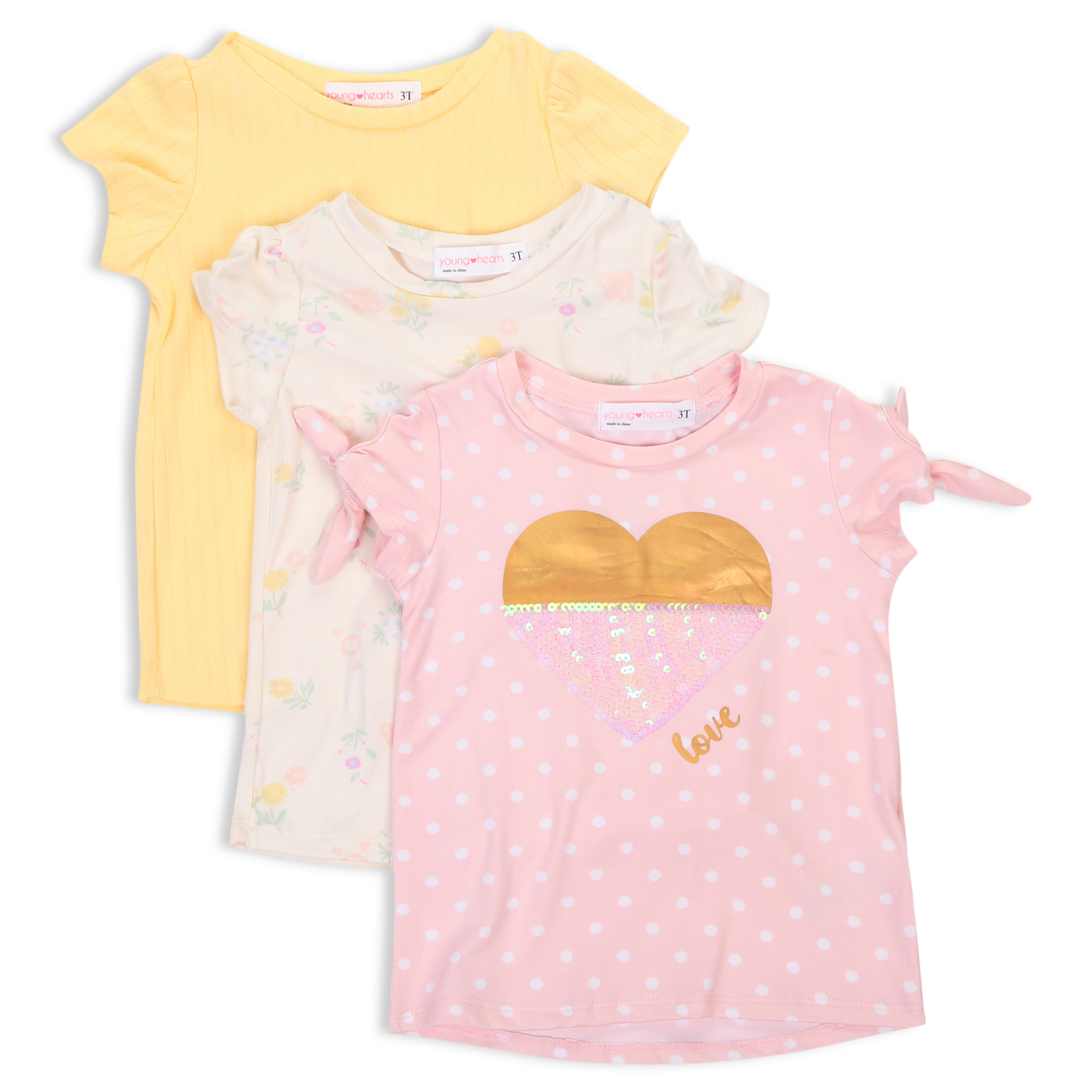 Young Hearts Toddler Girl 3Pk Short Sleeve Tees, Size 2T-4T