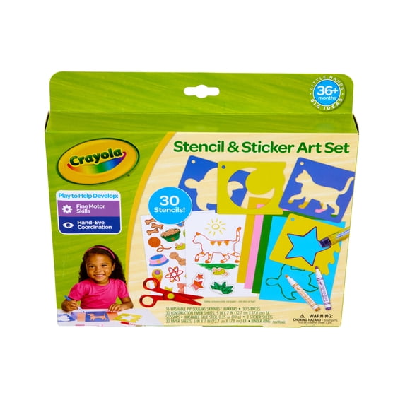 Crayola Stencil and Sticker Art Set (30 Stencils), Toddler Art Activity Set, Preschool Supplies, Learning Toys for Toddlers, Ages 3+