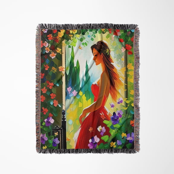 Young Lady In Red Dress In The Garden On A Sunny Day. Awesome Gift, Woven Blanket