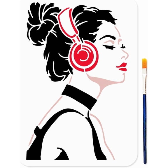 Young Lady Stencil 11.7x8.3inch Reusable Headphones Music Stencils for Craft Modern Woman Painting Template with Paint Brush for Floor Wall Tile Fabric Furniture Decoration Making DIY