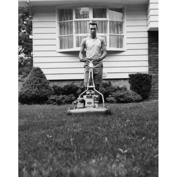 Young Man Cutting Grass with a Lawn Mower Poster Print - 18 x 24 in.