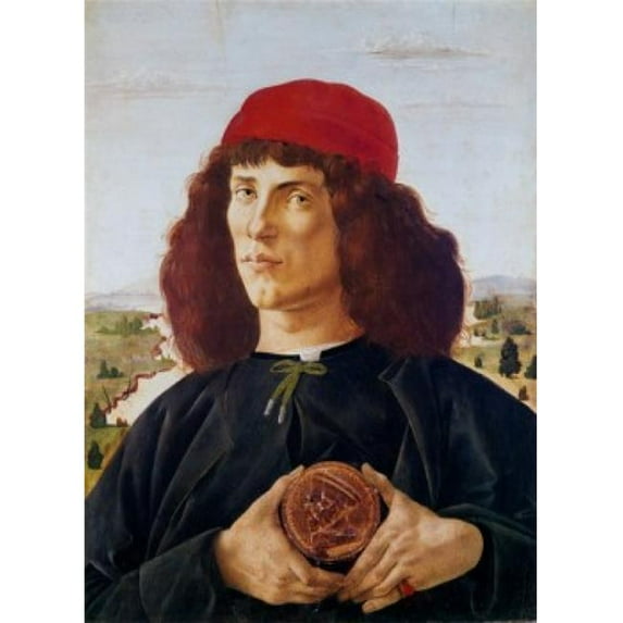 Young Man Holding A Medallion of Cosimo de Medici c1470 Sandro Botticelli 1444-1510 Italian Tempera Wood on Panel Galleria degli Uffizi Florence Italy Poster Print