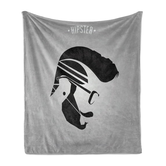 Young Man Soft Flannel Fleece Throw Blanket, Hipster Lettering with Male Side Silhouette Earring Glasses, Cozy Plush for Indoor and Outdoor Use, 70" x 90", Pale Taupe Charcoal Grey, by Ambesonne