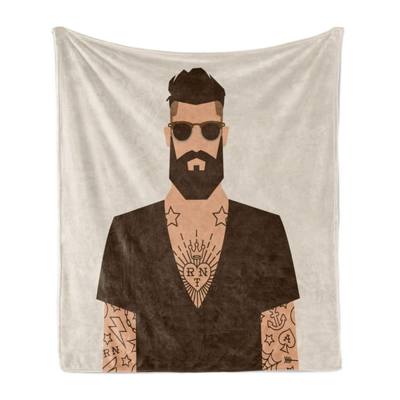Young Man Soft Flannel Fleece Throw Blanket, Illustration of Cartoon Hipster Character with Sunglasses Tattoos, Cozy Plush for Indoor and Outdoor Use, 70" x 90", Brown Beige, by Ambesonne