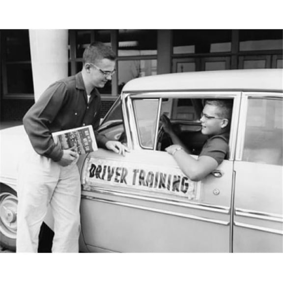Young Man Talking with Another Young Man Sitting in a Car Poster Print - 18 x 24 in.