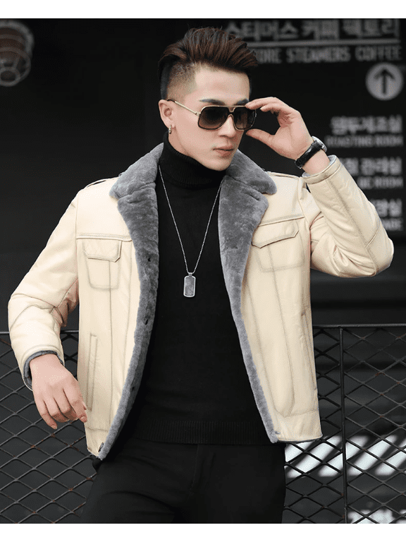 Young Men's Winter Warm Coat Genuine Sheepskin Shearling Natural Real Leather Motorcyclist Biker Jacket for Male Thick Wool Liner Off-white XXXL 3XL,XXXL,Off-White