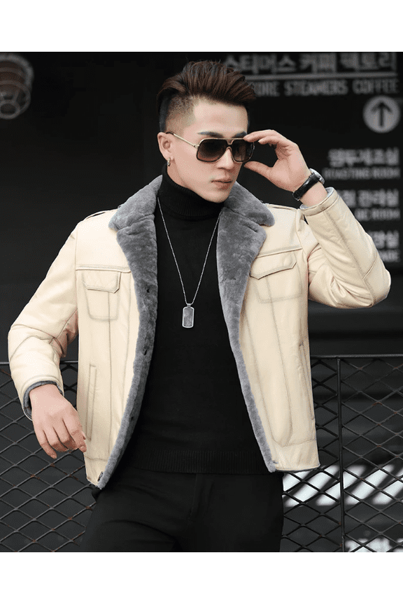 Young Men's Winter Warm Coat Genuine Sheepskin Shearling Natural Real Leather Motorcyclist Biker Jacket for Male Thick Wool Liner Off-white XXXL 3XL,XXXL,Off-White