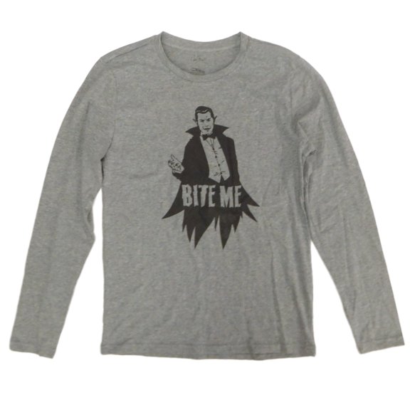 Young Mens Gray Heather Bite Me Dracula Vampire Long Sleeve T-Shirt Halloween