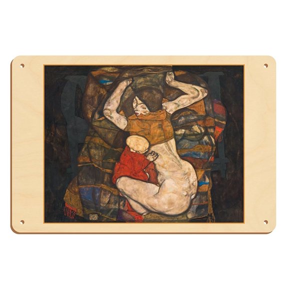 Young Mother (Junge Mutter) - From an Original Color Painting by Egon Schiele c.1914 - 8 x 12 inch Vintage Wood Art Sign